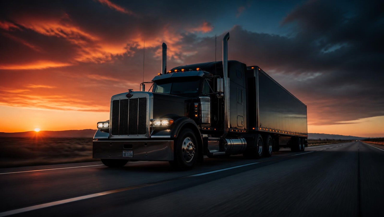 Semi truck on an American highway at sunset